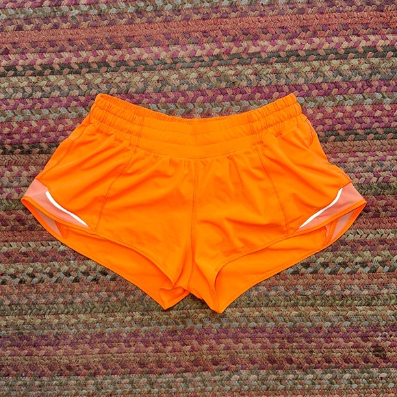 SOLD LULULEMON BRIGHT HIGHLIGHT ORANGE HOTTY HOT SHORTS - Picture 2 of 7